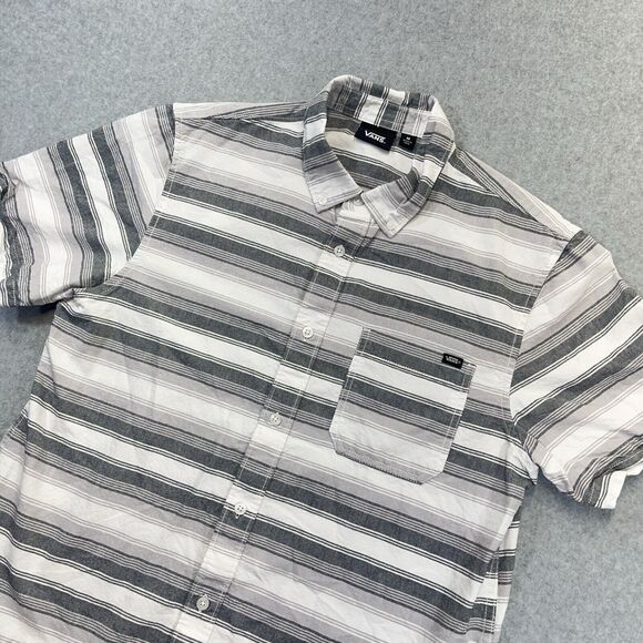 Vans Button Down Shirt Mens Medium M White Grey Striped Cotton Short Sleeve - Picture 1 of 11